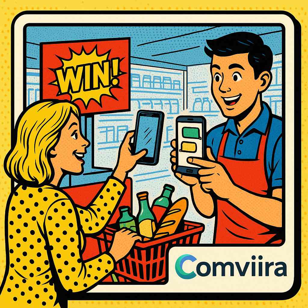 Konsument nimmt per WhatsApp an einem Gewinnspiel teil – moderner Dialog am POS mit Comviira®